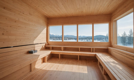 interior of a wooden sauna with panoramic view of the mountainsの素材