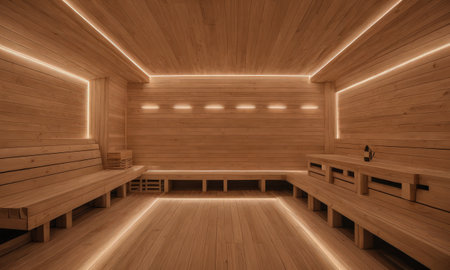 3d render of a wooden sauna interior in a modern styleの素材