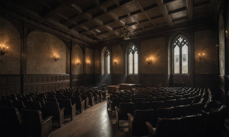 Concert hall with rows of empty chairs and wooden floor in a churchの素材
