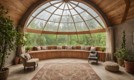 Interior of a living room with a large window overlooking the gardenの素材