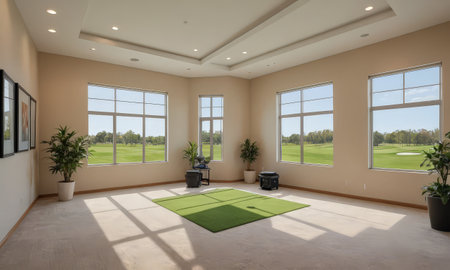 Interior of a new house, living room with a view of the golf courseの素材