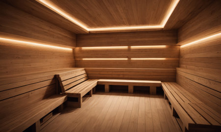 Interior of a wooden sauna with bench and lights in itの素材