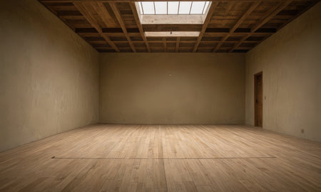 Interior of an empty room with a wooden floor and a ceilingの素材