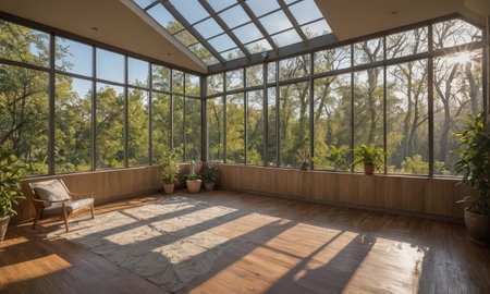 Interior of a modern living room with a large window overlooking the gardenの素材
