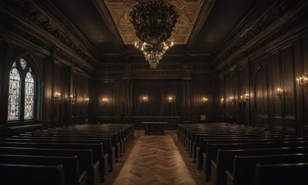 Interior view of a church in a dark room with wooden floorの素材