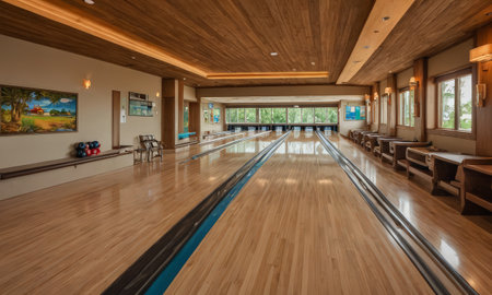 Interior of a bowling club. Modern bowling club with wooden flooring.の素材