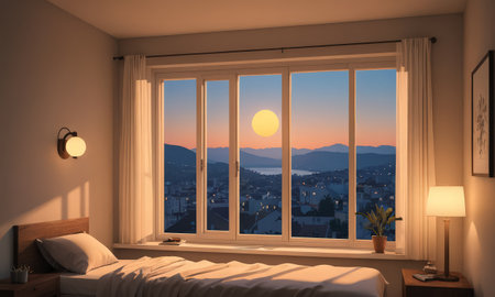 Bedroom interior with panoramic view of the city at sunsetの素材