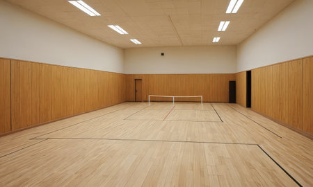 Interior of a sports hall with a wooden floor, nobody insideの素材