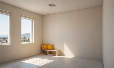 interior new house, empty room with yellow sofa and window viewの素材