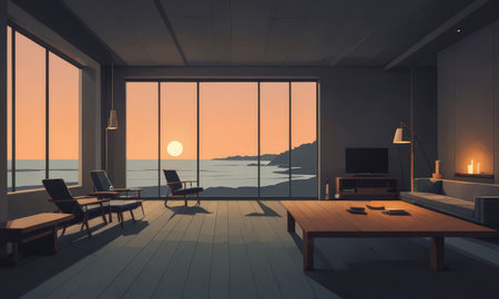 Interior of a modern living room with sea view. 3D renderingの素材