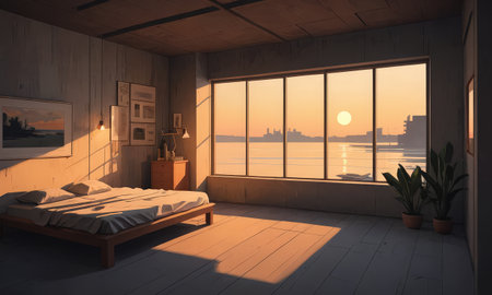 3d rendering of a bedroom in a wooden house by the seaの素材