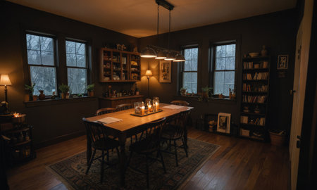 Interior of an old school library with bookshelves and candlesの素材