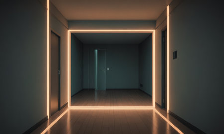 3d render of empty room with neon lights. Future concept.の素材