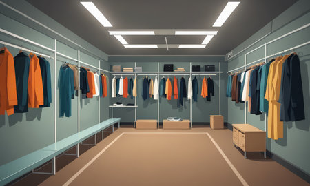 Clothing store interior with wardrobe and clothes on hangers. 3d renderingの素材