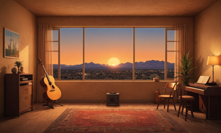 Interior of a room with a view of the mountains at sunsetの素材