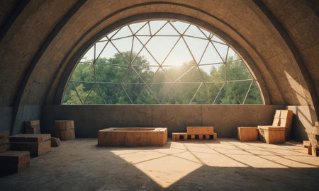 The interior of the pavilion in the rays of the setting sunの素材