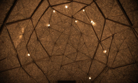 A low angle shot of a ceiling with lights in the background.の素材