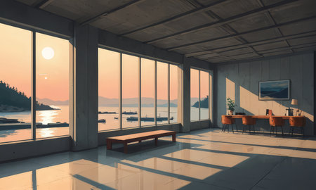 interior of modern house with sea view, 3d render illustrationの素材