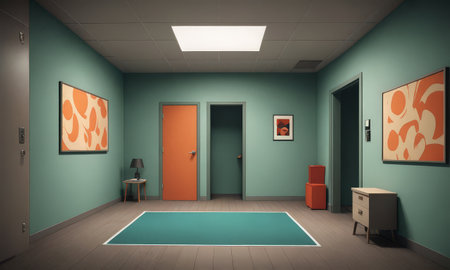 Interior of a room with furniture and paintings, 3d renderの素材