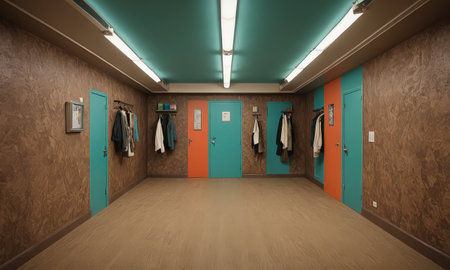 3d render of a corridor in a school with blue doors and green wallsの素材