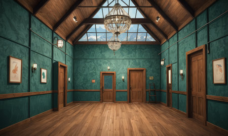 3D rendering of an old room in a museum with a chandelierの素材