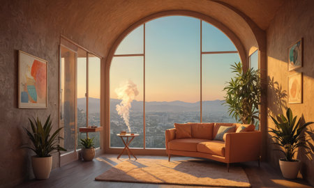 Living room with a large window overlooking the city. 3d renderingの素材