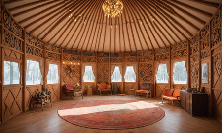 Interior view of a yurt in the mountains of Kazakhstan.の素材