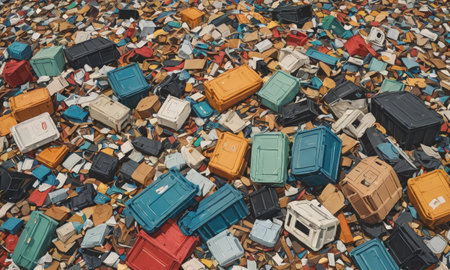 Aerial view of a large pile of old used plastic garbage cansの素材