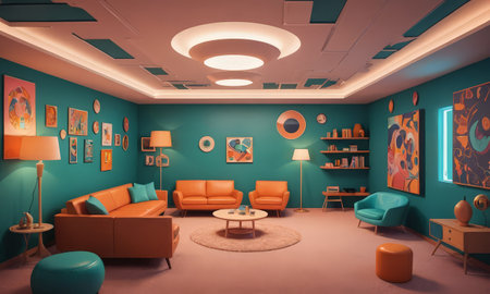 Interior of modern living room with blue walls, orange sofas and coffee tables. 3d renderの素材