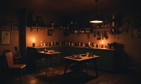Interior of a cafe with candles in the dark, tonedの素材