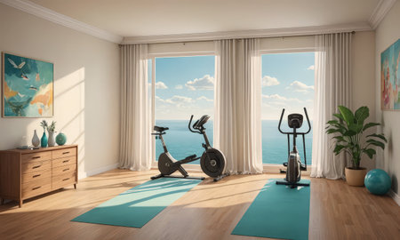 Interior of a modern living room with fitness equipment. 3d renderの素材