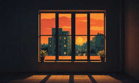 Window with sunset in the city. 3D rendering. Vintage style.の素材