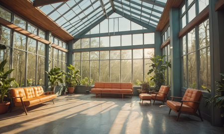 Interior of a modern living room with orange sofa and large windowsの素材