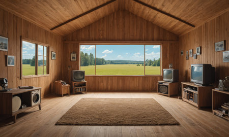 Interior of a wooden house with a view of the field through the windowの素材