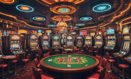 Casino interior with slot machines, roulette table and red chairsの素材