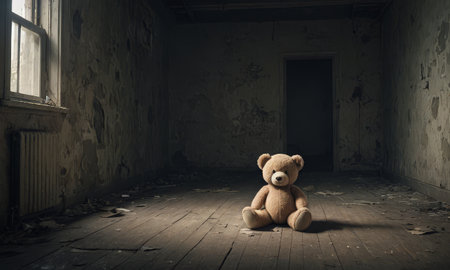 Teddy bear sitting in an abandoned room. The concept of loneliness and sadnessの素材