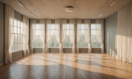 Interior of empty room with window and curtains. 3d renderの素材