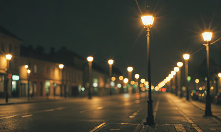 Street lights in the city at night. Blurred bokeh background.の素材