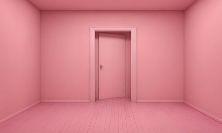 Empty room with pink door and pink wall. 3D rendering.の素材