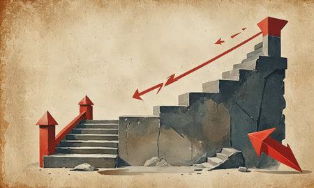 Conceptual image of an old stone staircase with red arrow.の素材