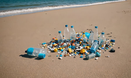 Plastic bottles on the beach. Pollution and environment concept.の素材