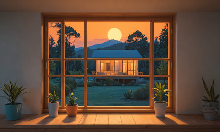 Sunset in the garden. Sunset in the window. 3D renderingの素材