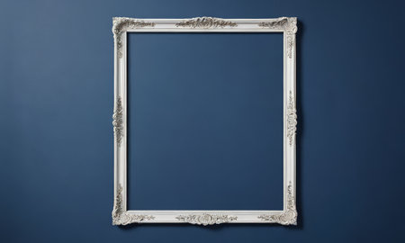 Empty picture frame on blue wall. Mock up, 3D Renderingの素材