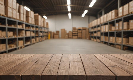 Blurred warehouse background with wooden table for product display montage.の素材