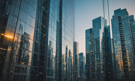 Reflection of the skyscrapers in the windows of a modern office buildingの素材