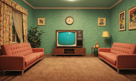 Interior of a living room with a TV on the wall, 3d renderの素材