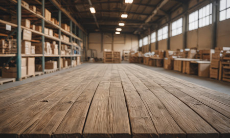 Warehouse interior with wooden floor and shelves. Blurred background.の素材
