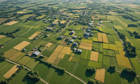 Aerial view of a small village in the middle of a field.の素材