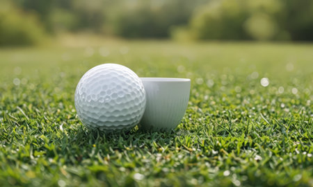 Golf ball and cup on green grass. Focus on golf ballの素材