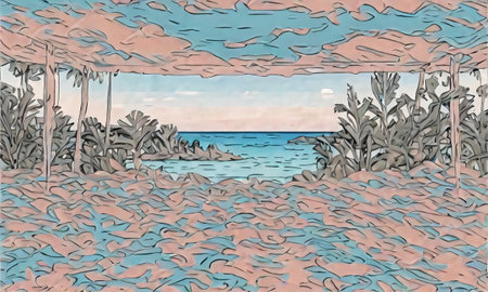 Illustration of a seashore with palm trees in the foregroundの素材
